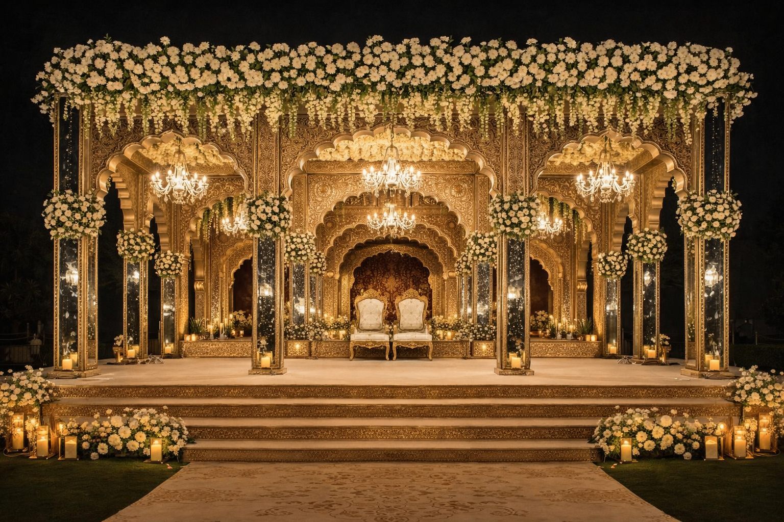Luxury Indian wedding stage with gold architecture chandeliers and floral decoration